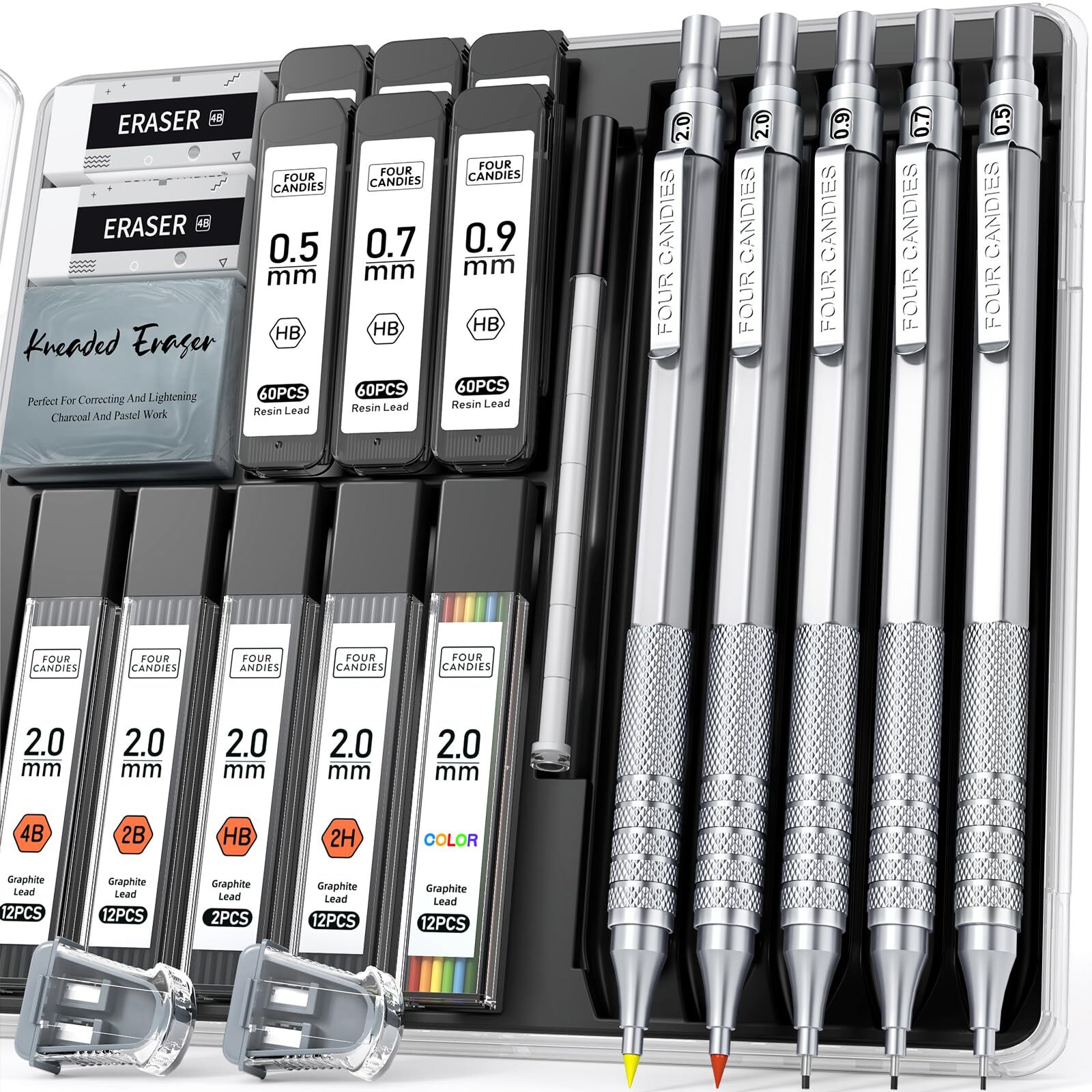 Metal Mechanical Pencil Set 3PCS Art Drafting Pencils 0.5 0.7 0.9MM & 2PCS 2M…
