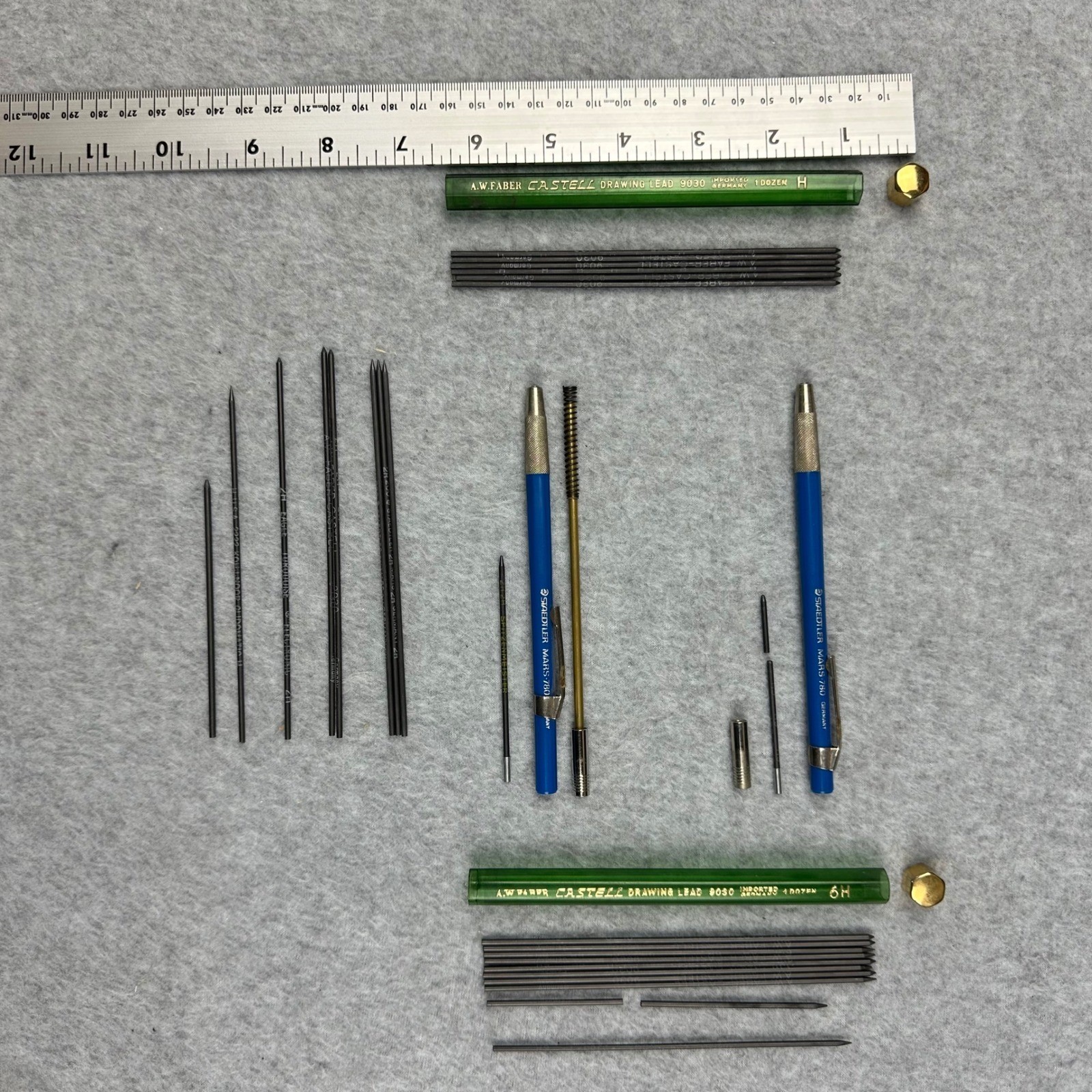 Vtg Staedtler Mars-780 2mm Lead Holder Set with Faber Castell 9030 Leads H 6H 2H