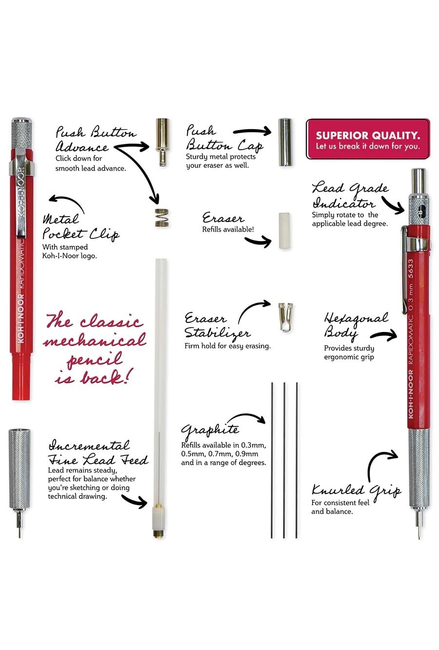 Rapidomatic Mechanical Pencil .3mm Lead Red 5633 Drafting Writing Tool Art