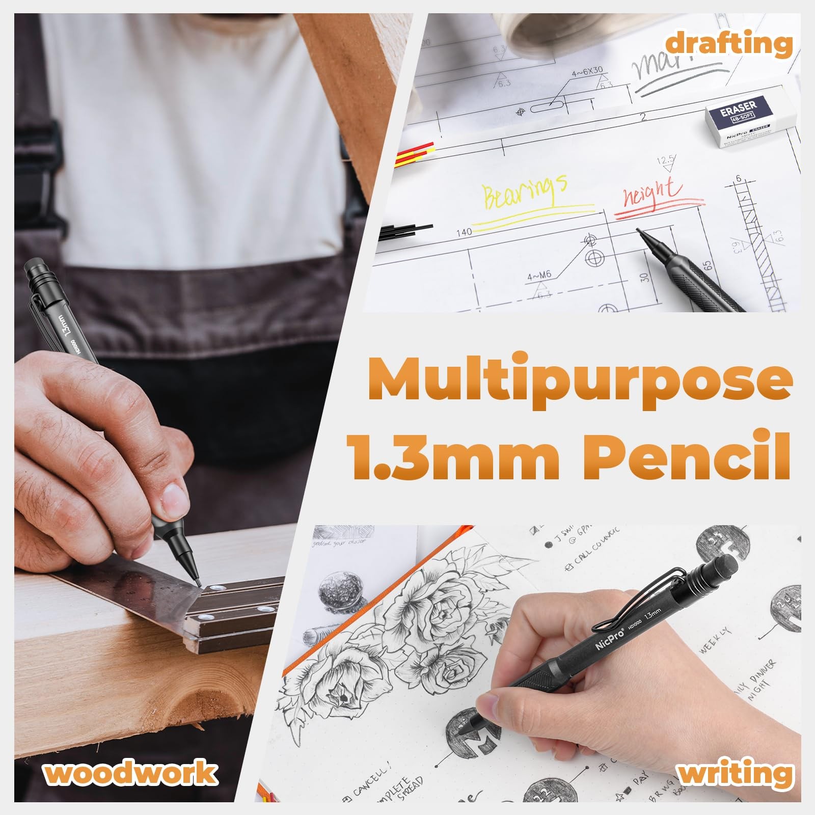 Nicpro 1.3mm Weatherproof Mechanical Pencil Set, HD1000 Metal 1 Pack, Black