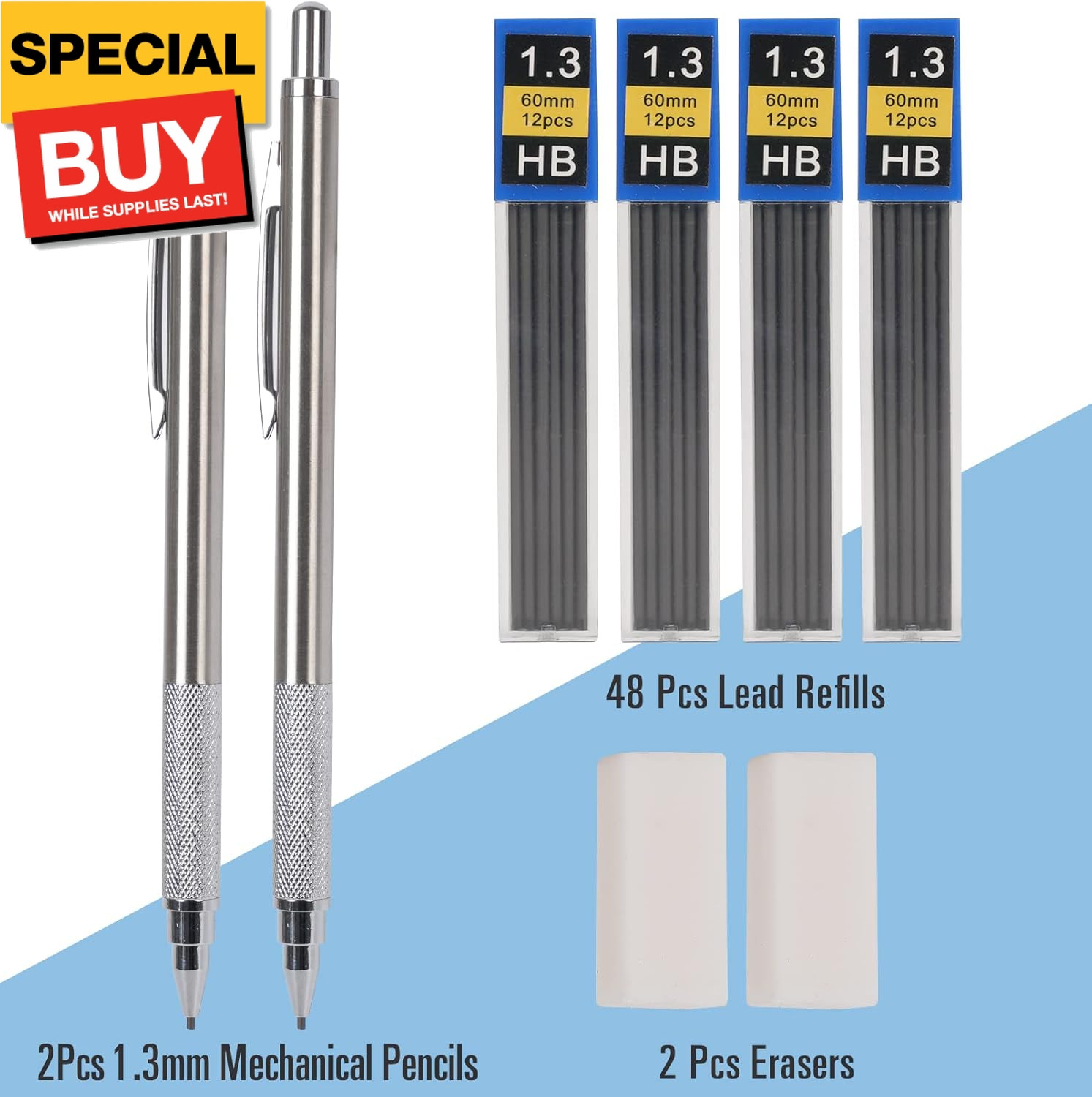 1.3 mm Mechanical Pencil Set with 4 Tubes Lead Refills,2 Eraser,1.3mm Mechanical
