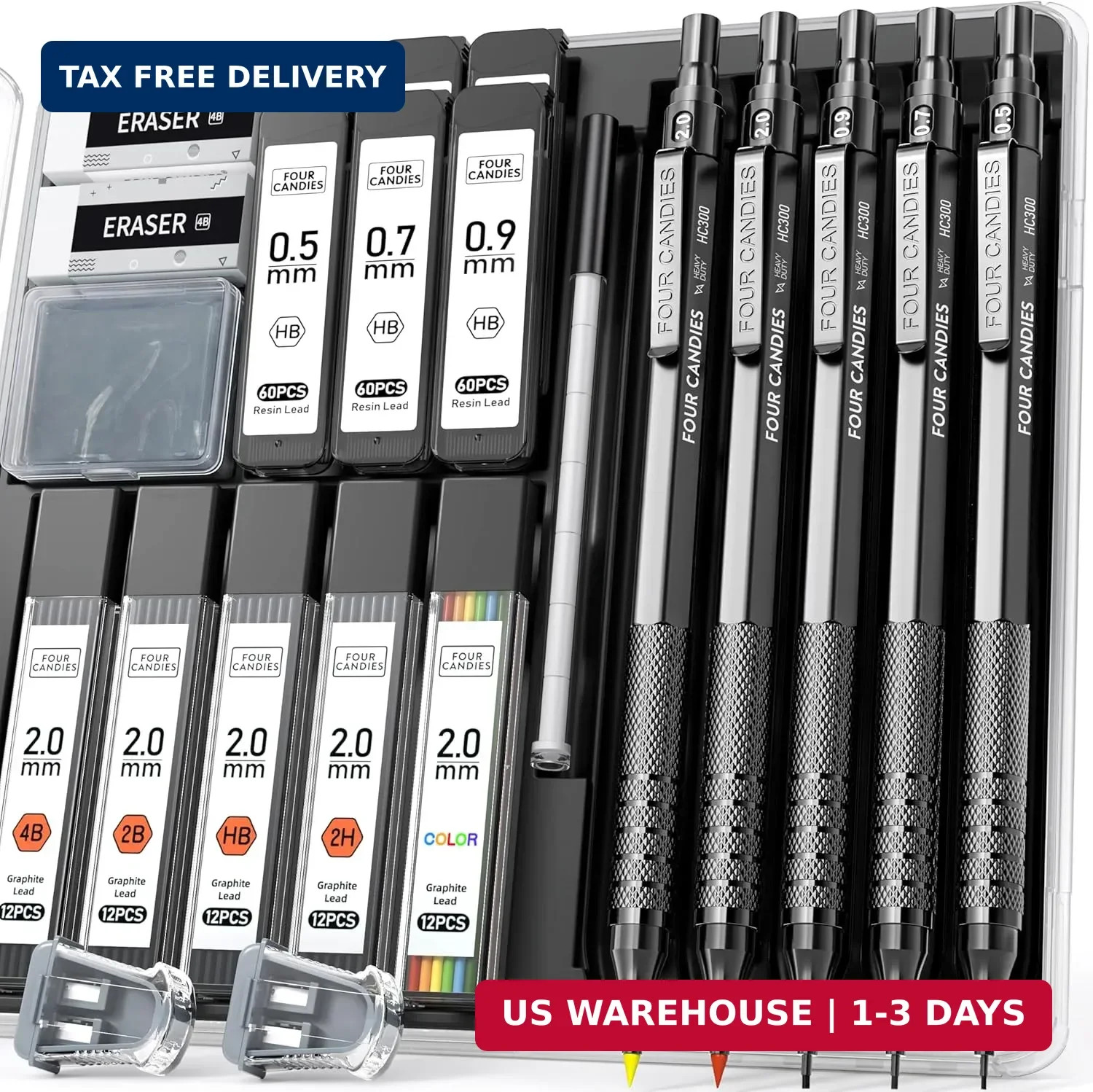 Four Candies Metal Mechanical Pencil Set, 3PCS Art Drafting Pencils 0.5, 0.7, 0.