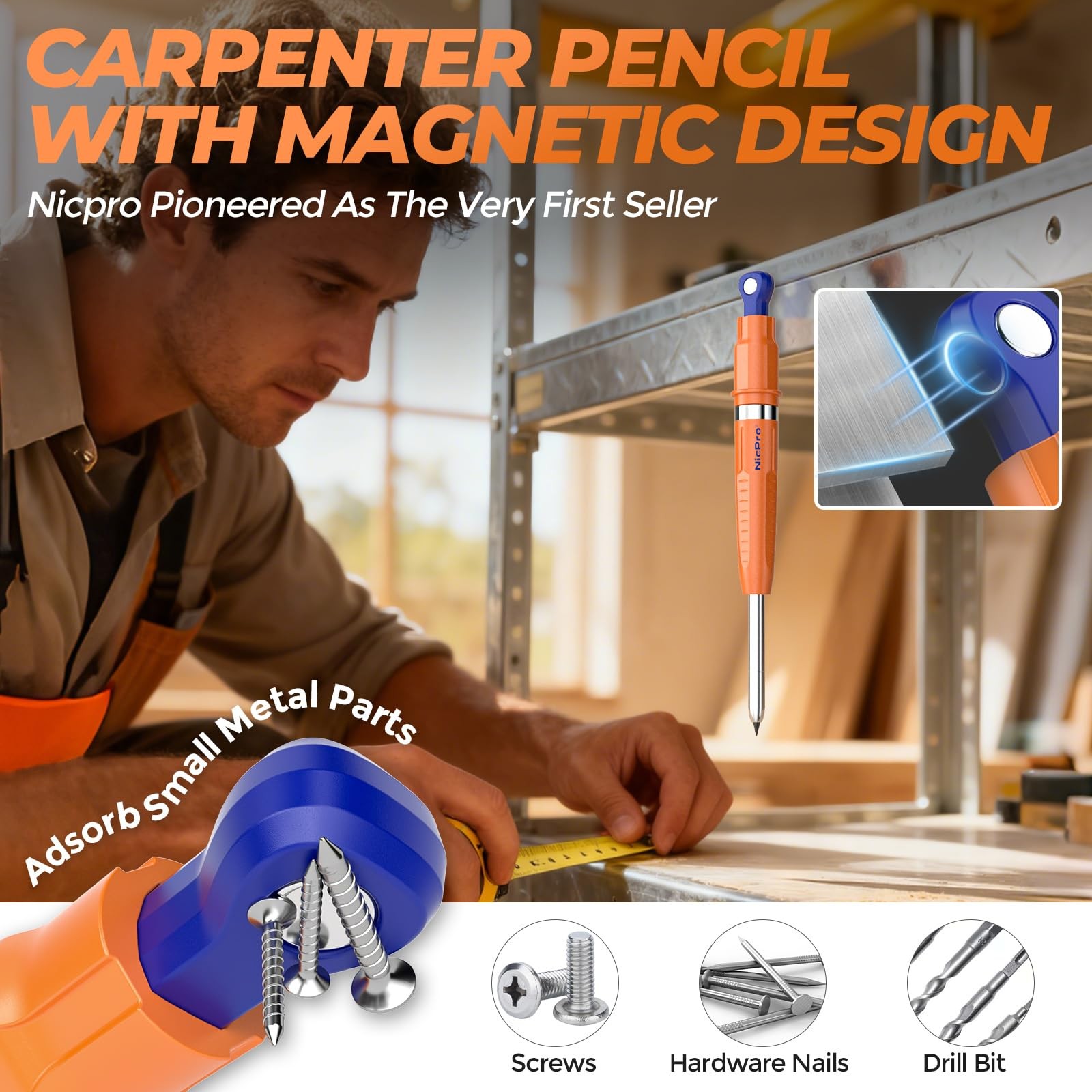 Nicpro New 7-in-1 Magnetic Carpenter 1 Count (Pack of 3), Blue & Orange