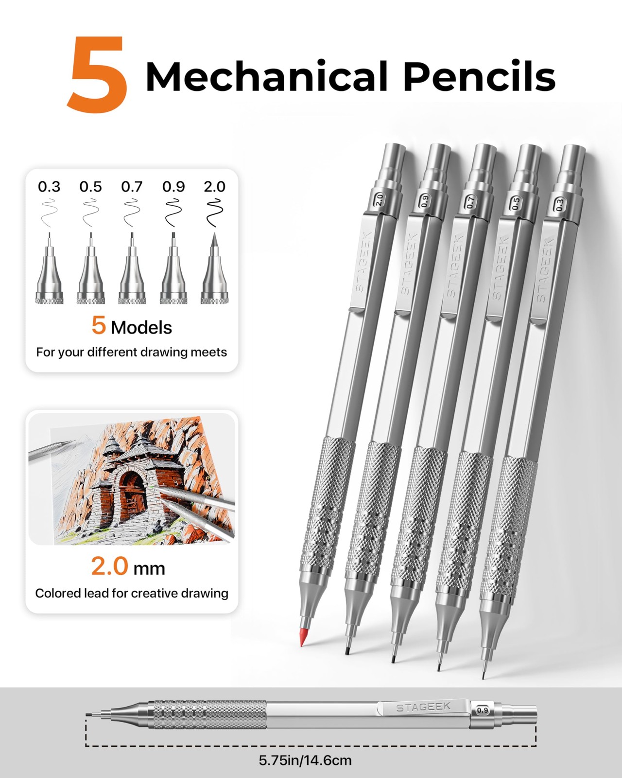 Metal Mechanical Pencil Set in Leather Case, 5PCS Art Drafting Pencil 0.3, 0….