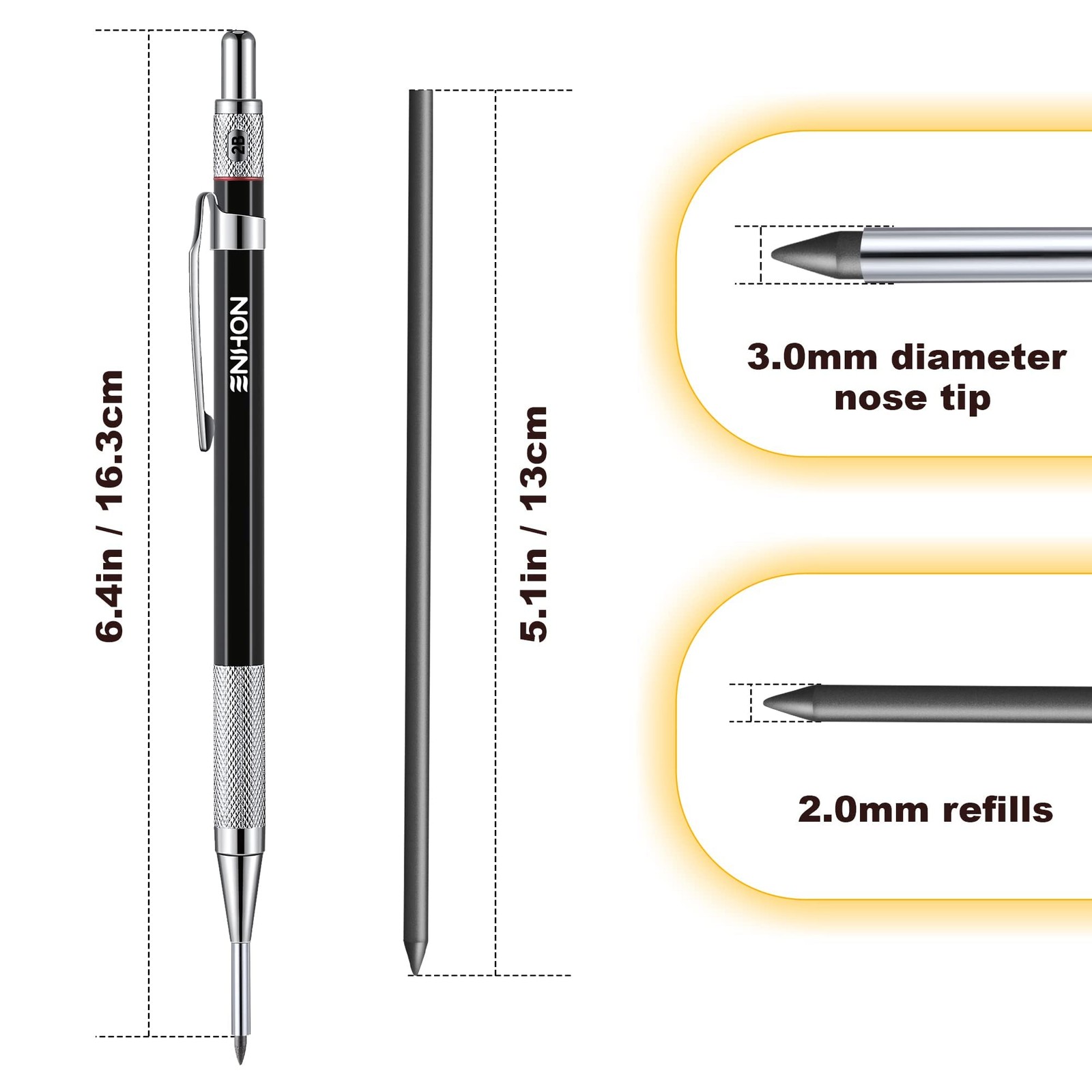 Enhon 2mm Mechanical Carpenter Pencil Set with 12 Marker Refills and Black