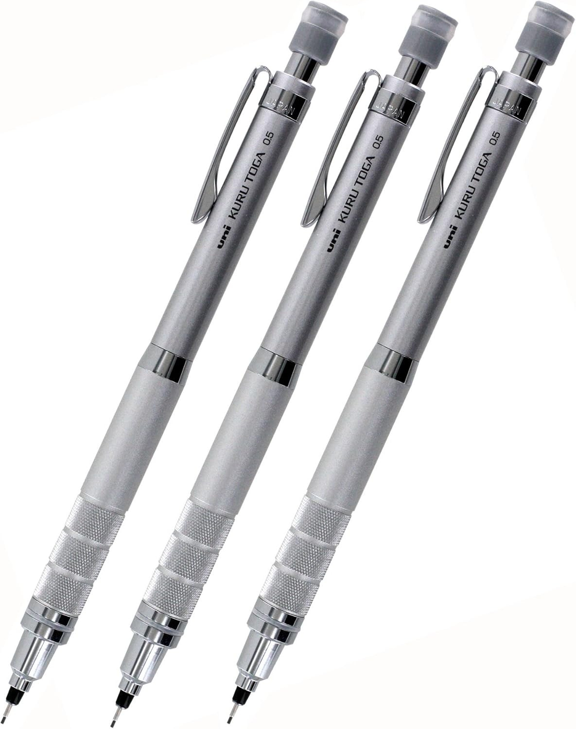 Uni Kuru Toga Roulette 0.5mm Mechanical Pencil Pack of 3 Silver Gun Metallic