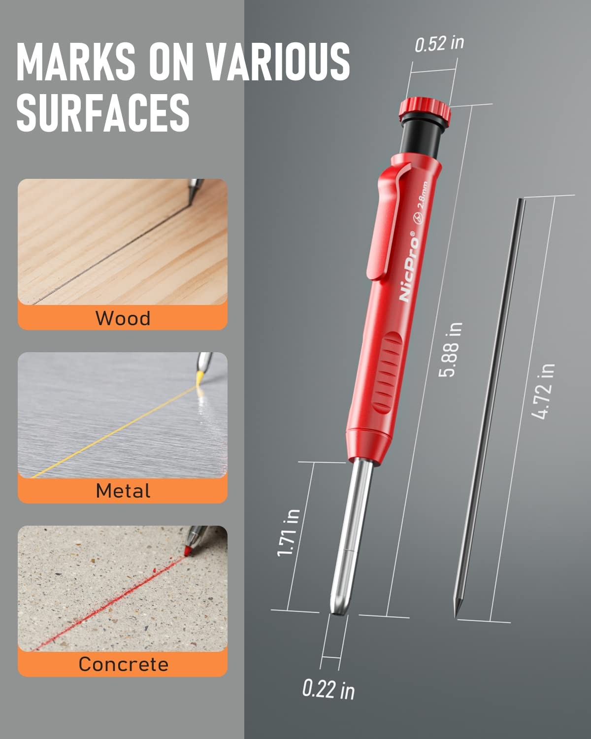 Nicpro Carpenter Pencil with Sharpener, Mechanical Pencils Set Black,Red