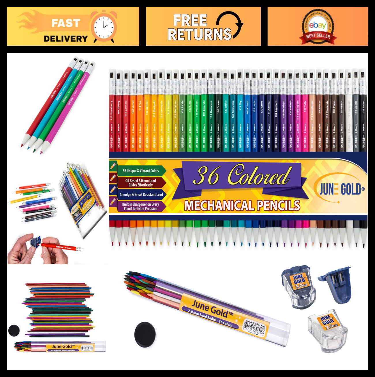 36 Assorted Colored 2.0mm Mechanical Pencils with Unique Leads & Extra Refills