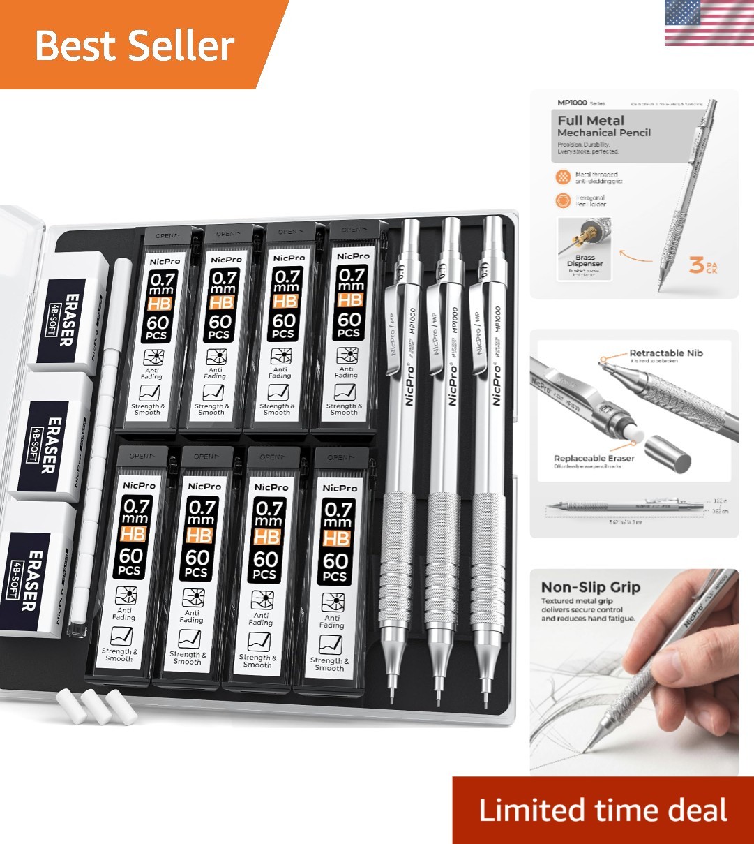 Durable Silver Mechanical Pencil Set with 8 HB Refills for Drafting & Sketching