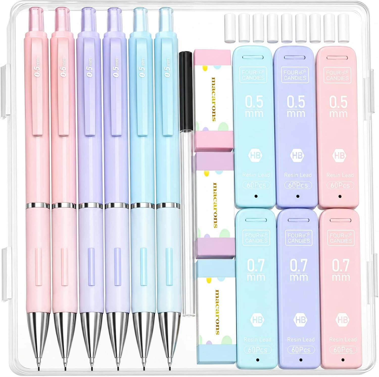 0.5/0.7Mm Cute Mechanical Pencil Set, 6 Pack | 360 Leads, 3 Erasers+9 Refills, S