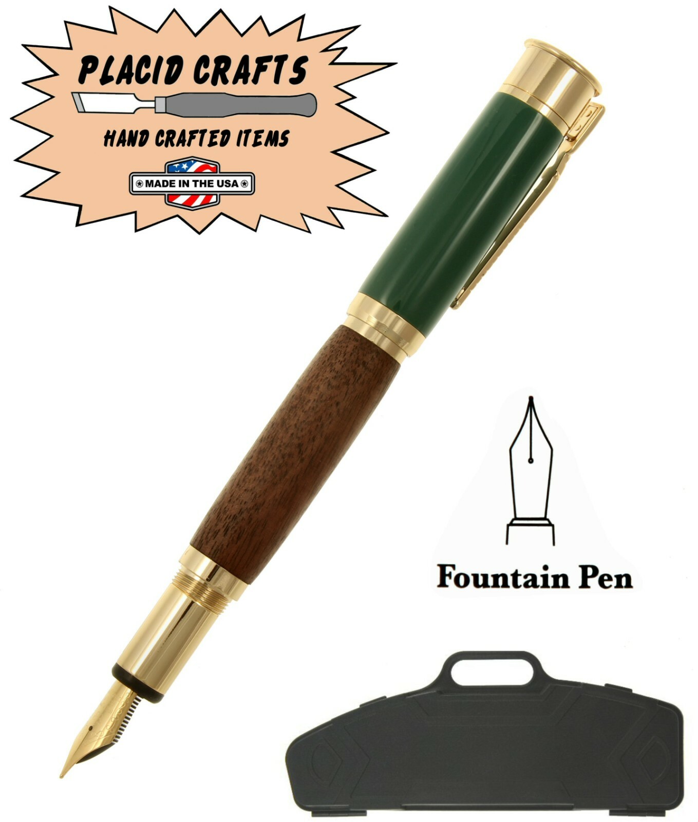 Over & Under Fountain Pen with a Green Cap a Walnut Body & 24ct. Gold / #356
