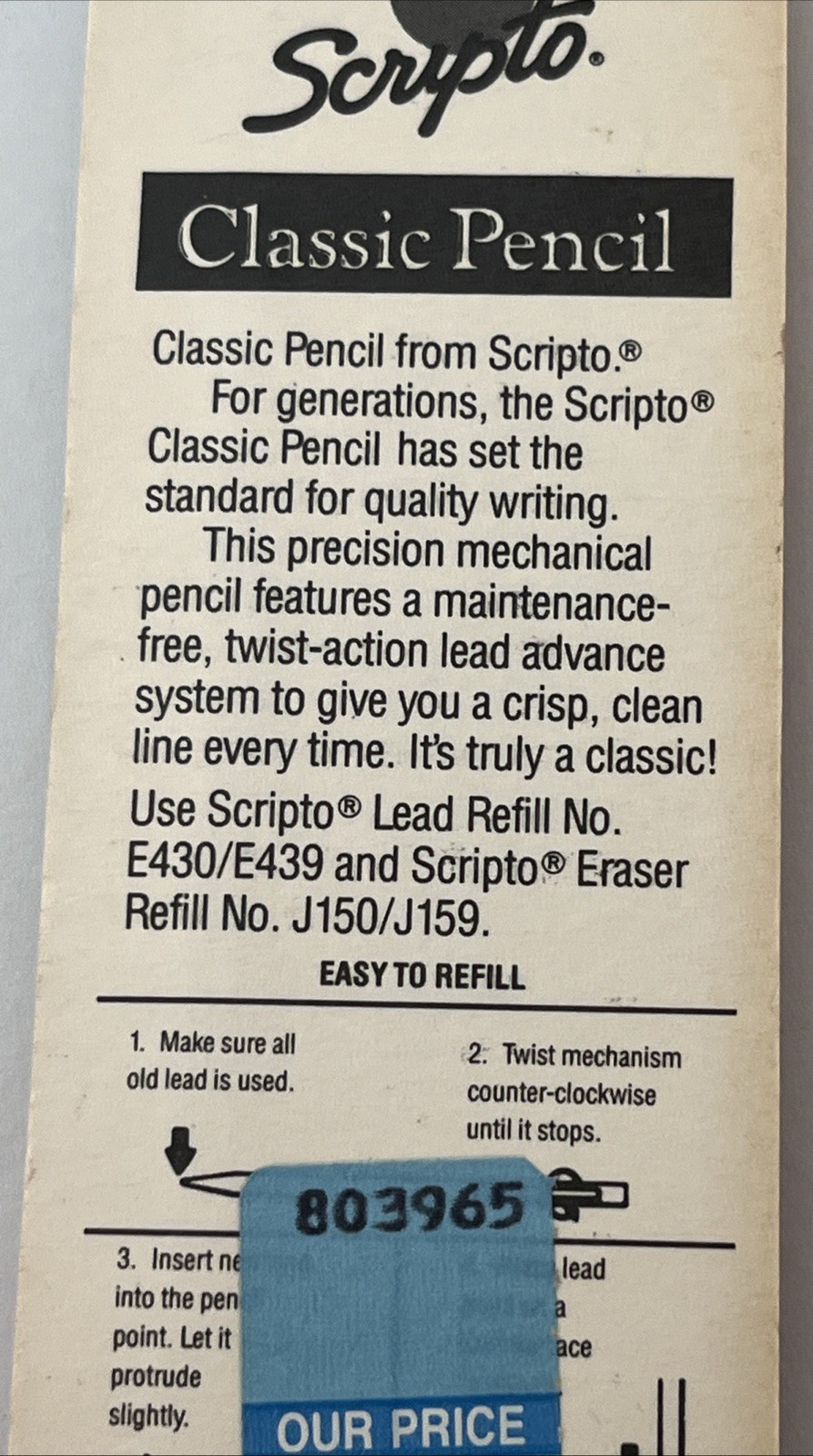 Vtg 1991 Scripto Classic Long Lead Pencil & Lead Pack NOS Blue Clear Rare New