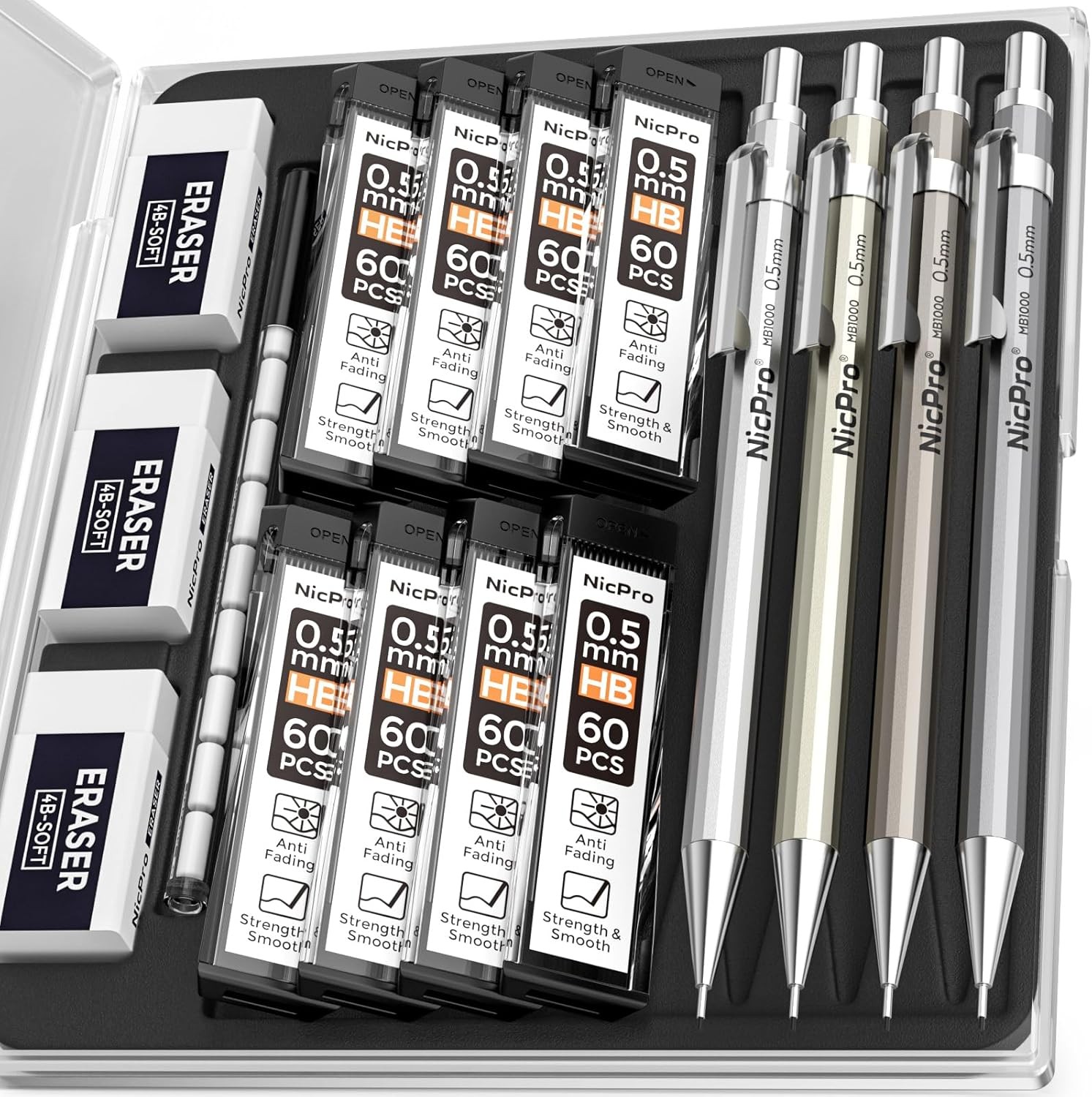 Nicpro 4 Pack Mechanical Pencil 0.5 mm with Case, MB1000 mm, Multicolor