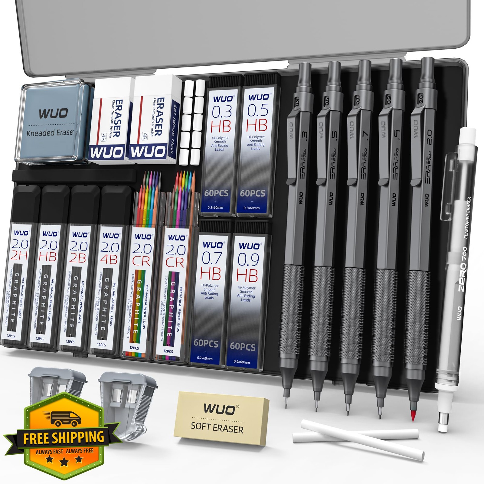 WUO Metal Mechanical Pencil Set 0.3-2.0mm Grey Leads