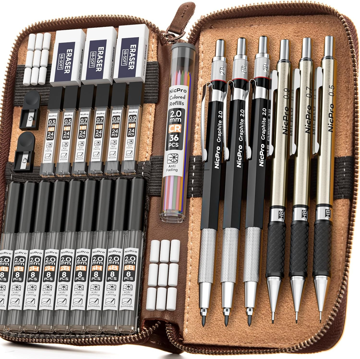 Nicpro 30PCS Art Mechanical Pencil Set in Leather Case, Metal Drafting Pencil