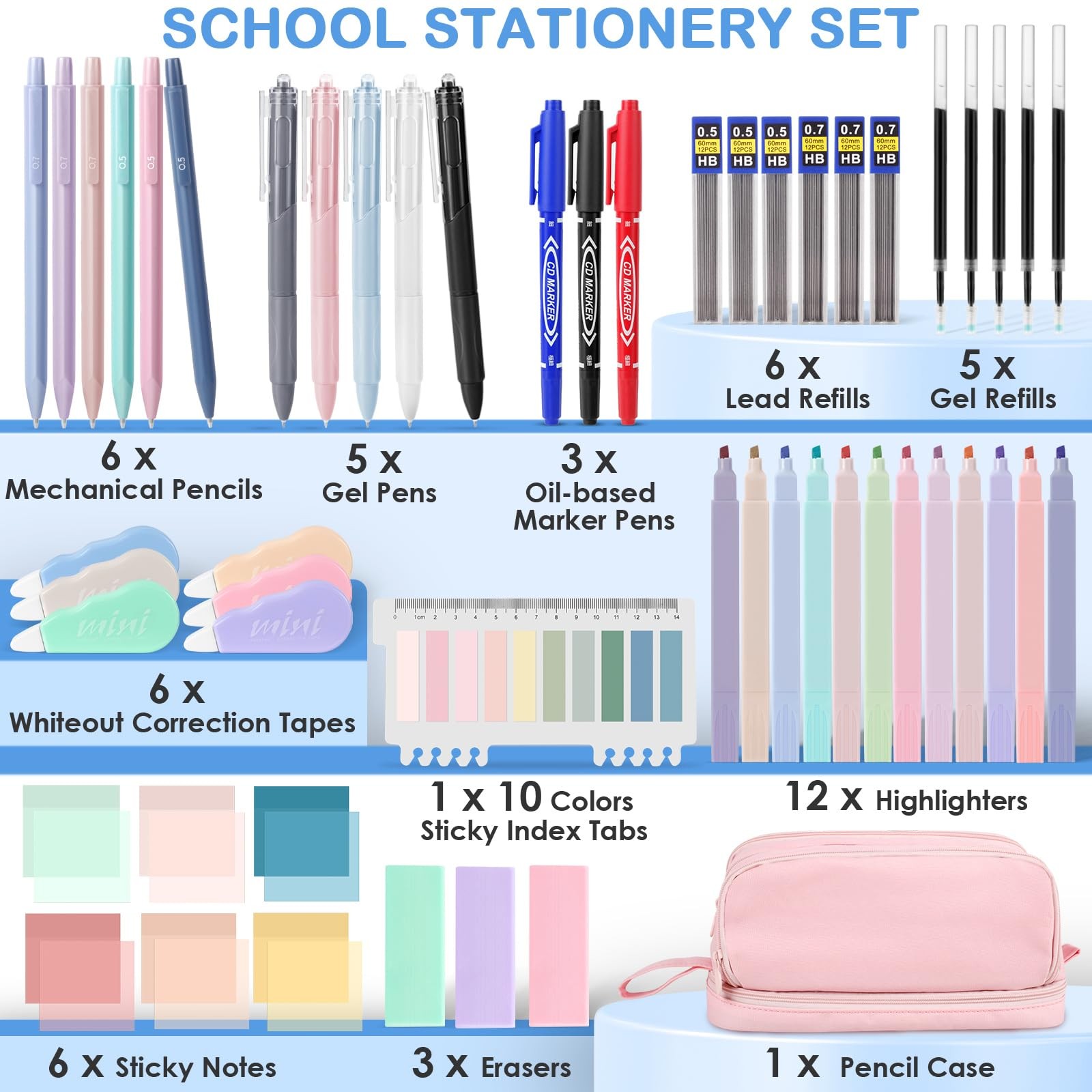 54 PCS Aesthetic School Supplies Stationary Set Large Pen Case Pencils Markers