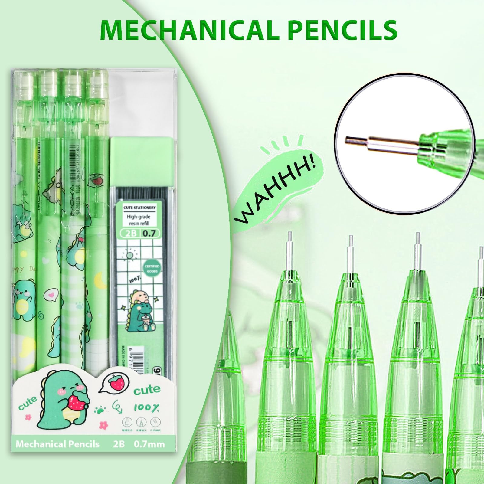 Cute Green Dinosaur Mechanical Pencil Set Include 8Pcs Kawaii Mechanical Penc…