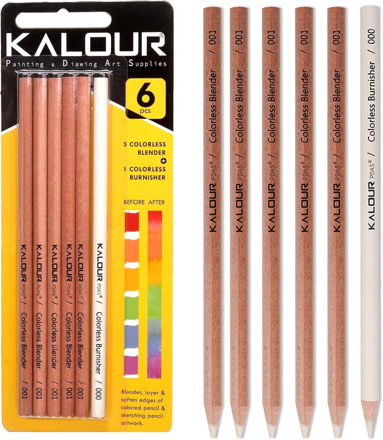 KALOUR Colorless Blender and Burnisher Pencils 6 Count (Pack of 1), colorless