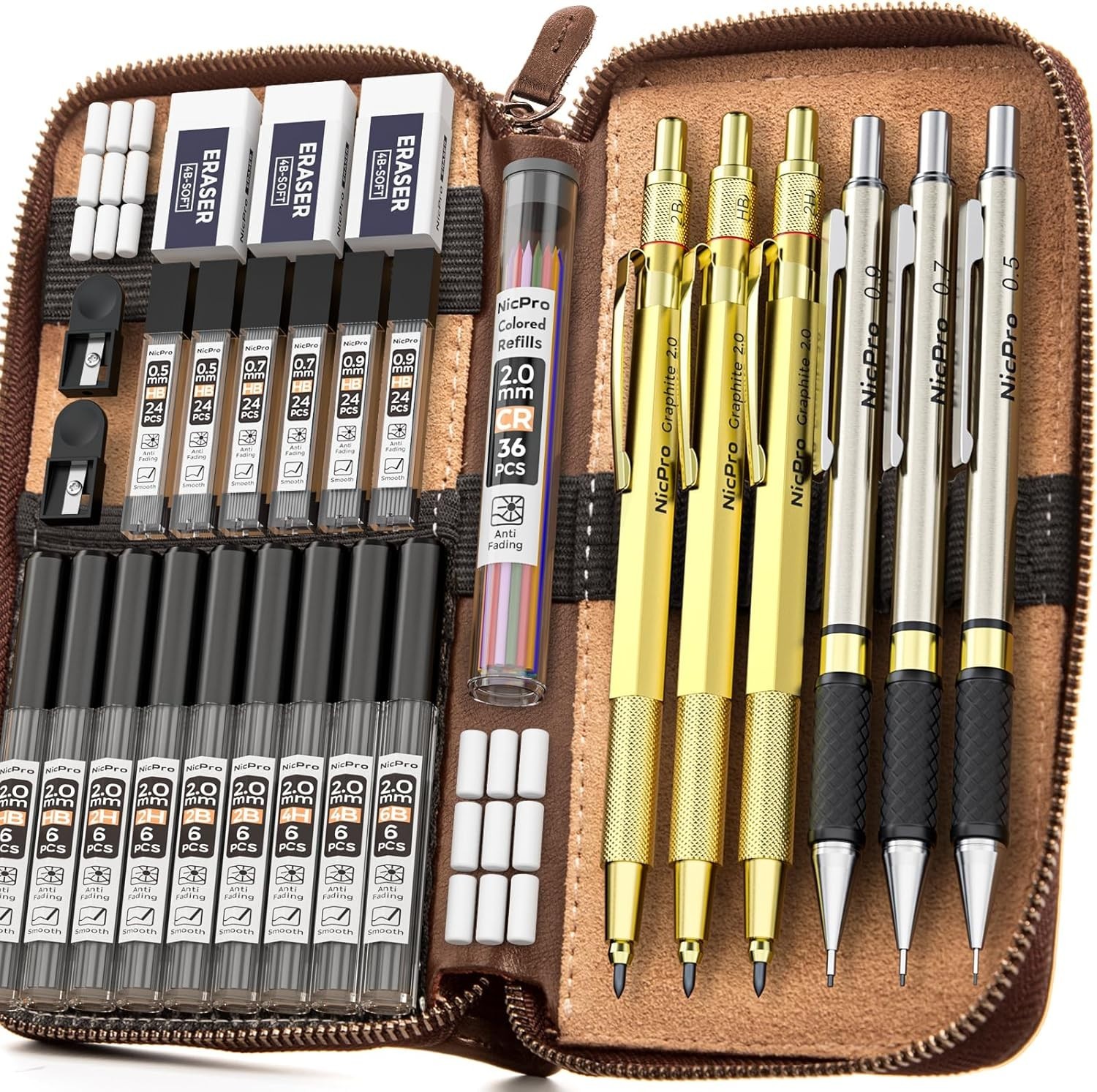 Nicpro 30PCS Art Mechanical Pencil Set in Leather Case, Metal Drafting Pencil