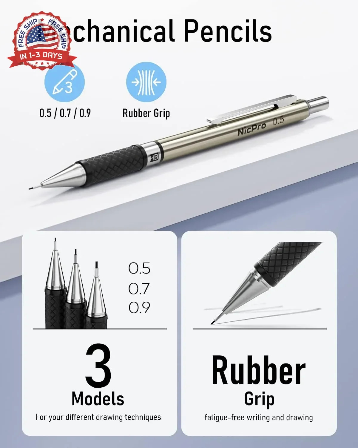 Nicpro 6PCS Art Mechanical Pencil Set, 3PCS Metal Drafting Pencil 0.5 mm & 0.7 m