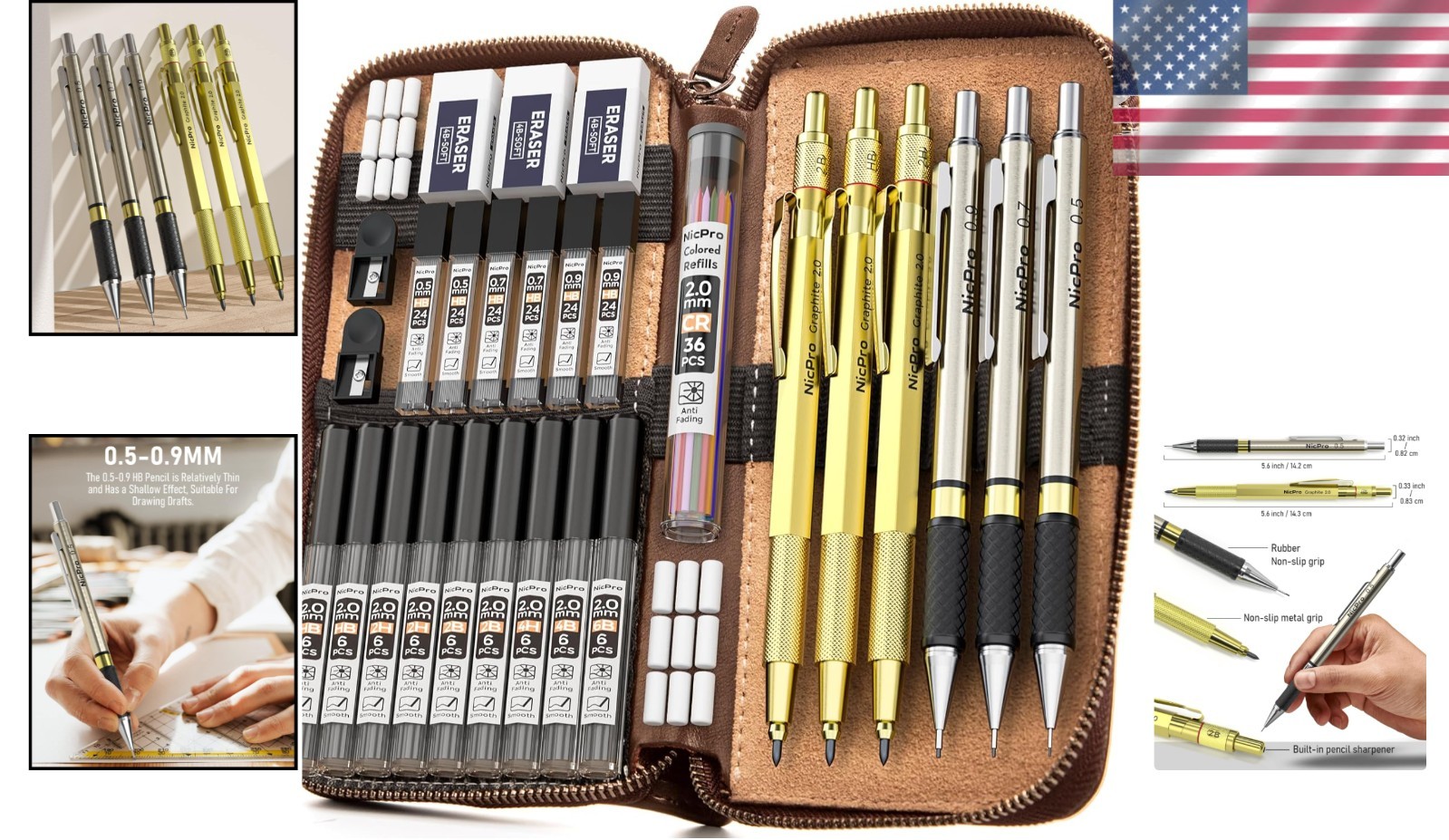 Gold Metal Drafting Pencils with 30 Refills in Genuine Leather Case for Drawing