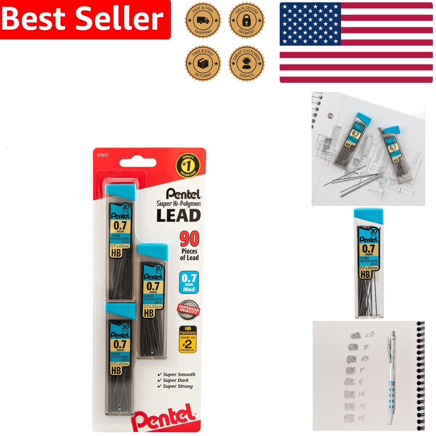 Super Hi-Polymer Lead Refills Pentel 0.7mm HB Black Ambidextrous Grip