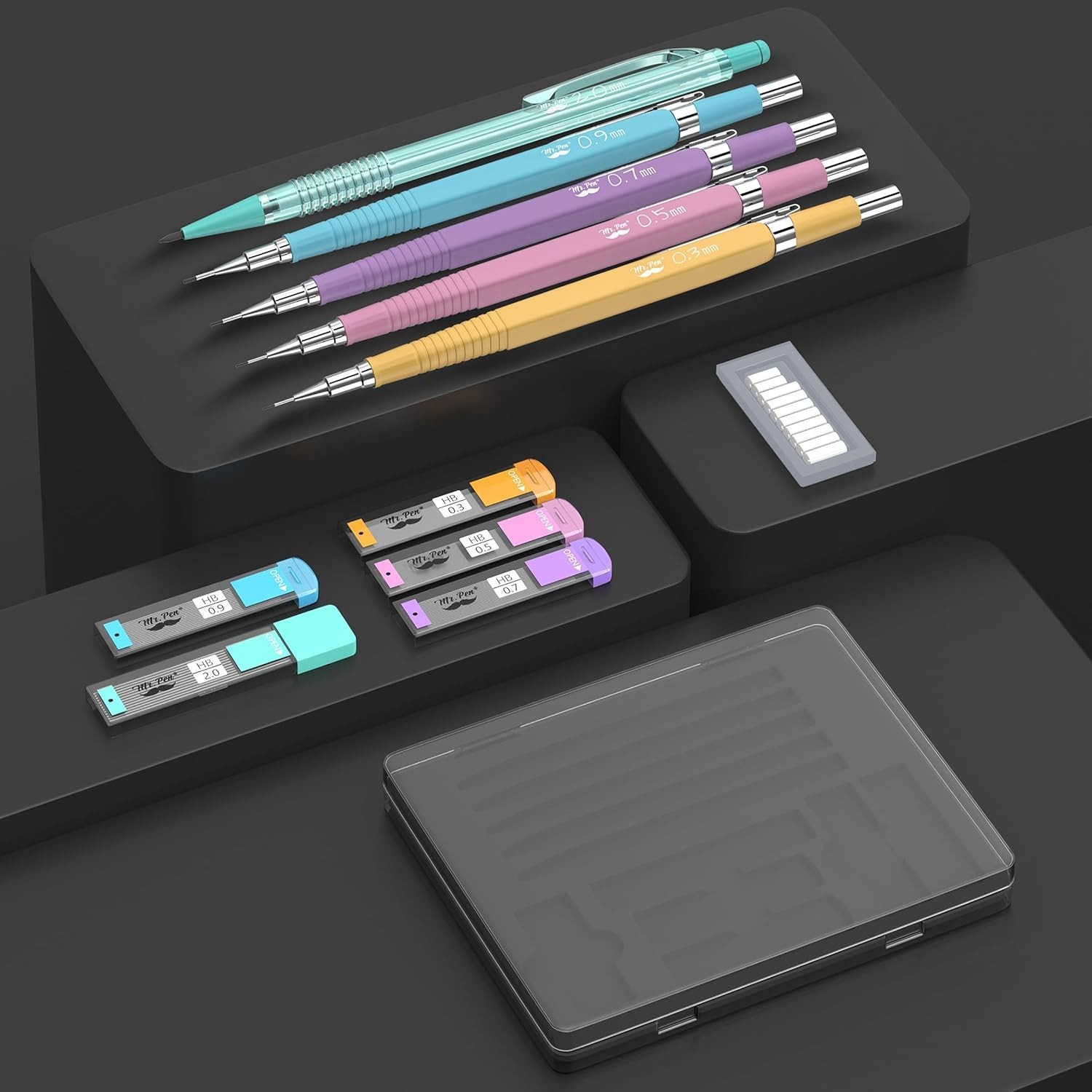 Comfort Grip Pastel Mechanical Pencils – 5 Sizes, Lead & Eraser Refills Included