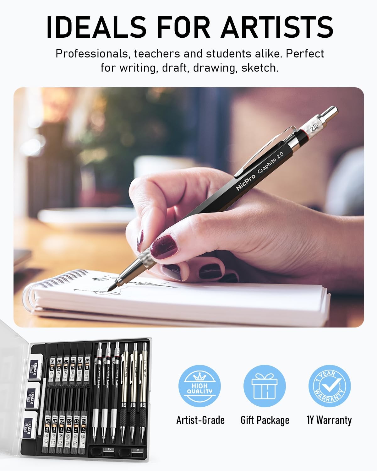 Nicpro 6PCS Art Mechanical Pencil Set, 3PCS Metal 1 count (Pack of 1), Silver