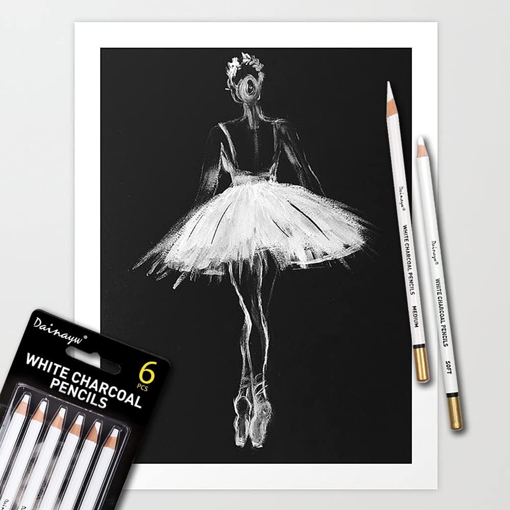 dainayw 6 Pcs White Charcoal Pencils Drawing Set, 1 Count (Pack of 6),