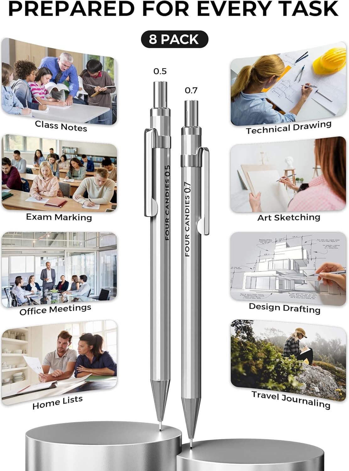 8PCS Metal Mechanical Pencils Set with HB Lead Refills & Erasers – All-in-One