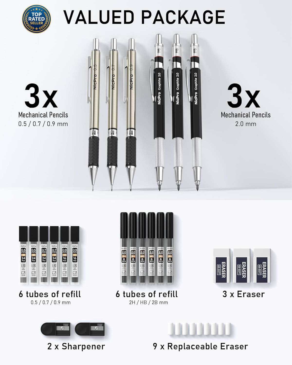 6PCS Art Mechanical Pencil Set, 3PCS Metal Drafting Pencil 0.5 Mm & 0.7 Mm & 0.9