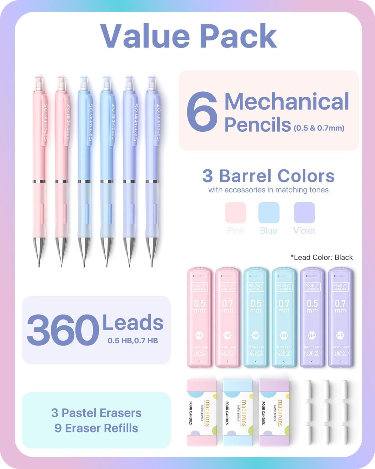 6PCS Cute Mechanical Pencil Set, 0.5mm & 0.7mm with 360PCS Lead Refills, Past…