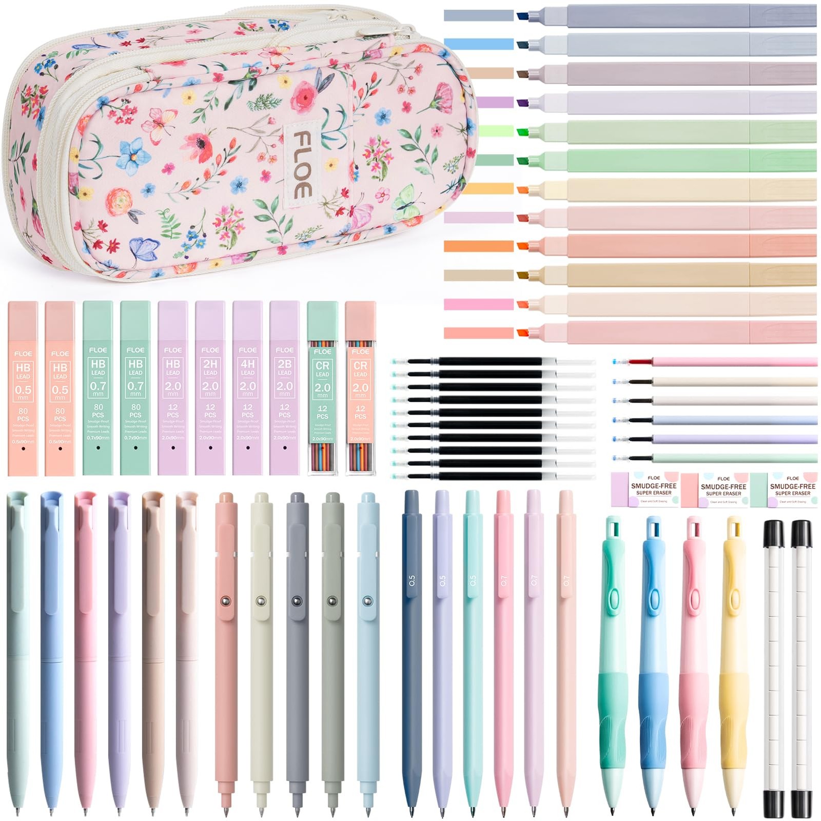 Aesthetic School Supplies 65-Piece Set with Case Highlighters Pens Pencils