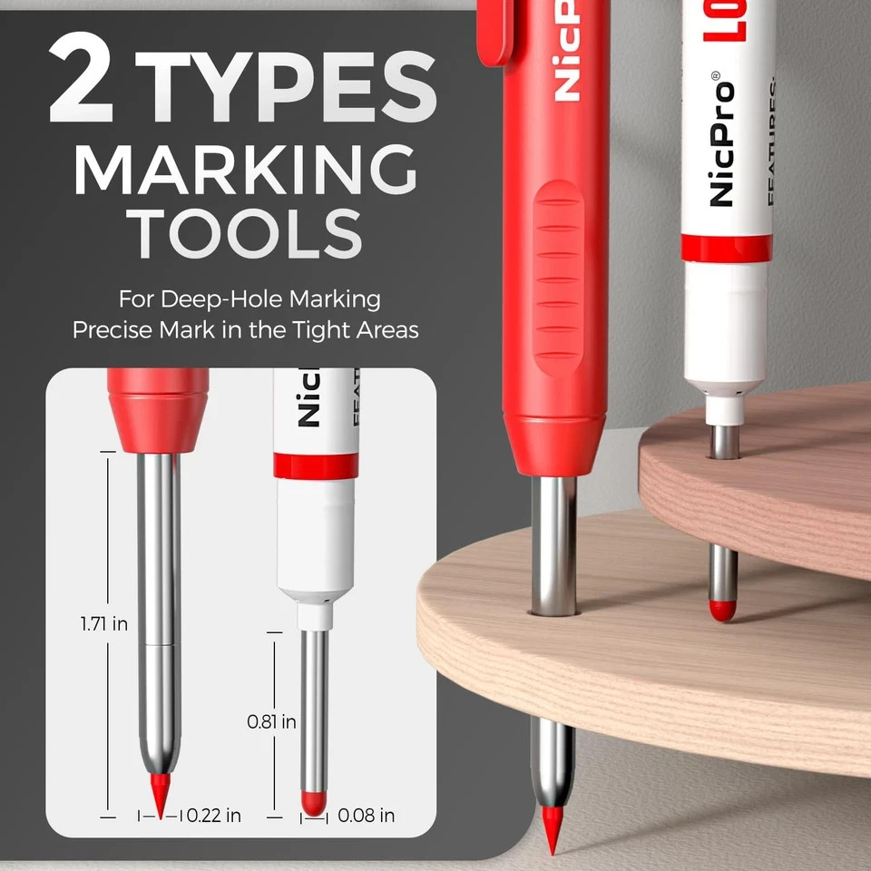 Nicpro 2 Pack Carpenter Pencils with 26 Refills – CP1000 Deep Hole Marker