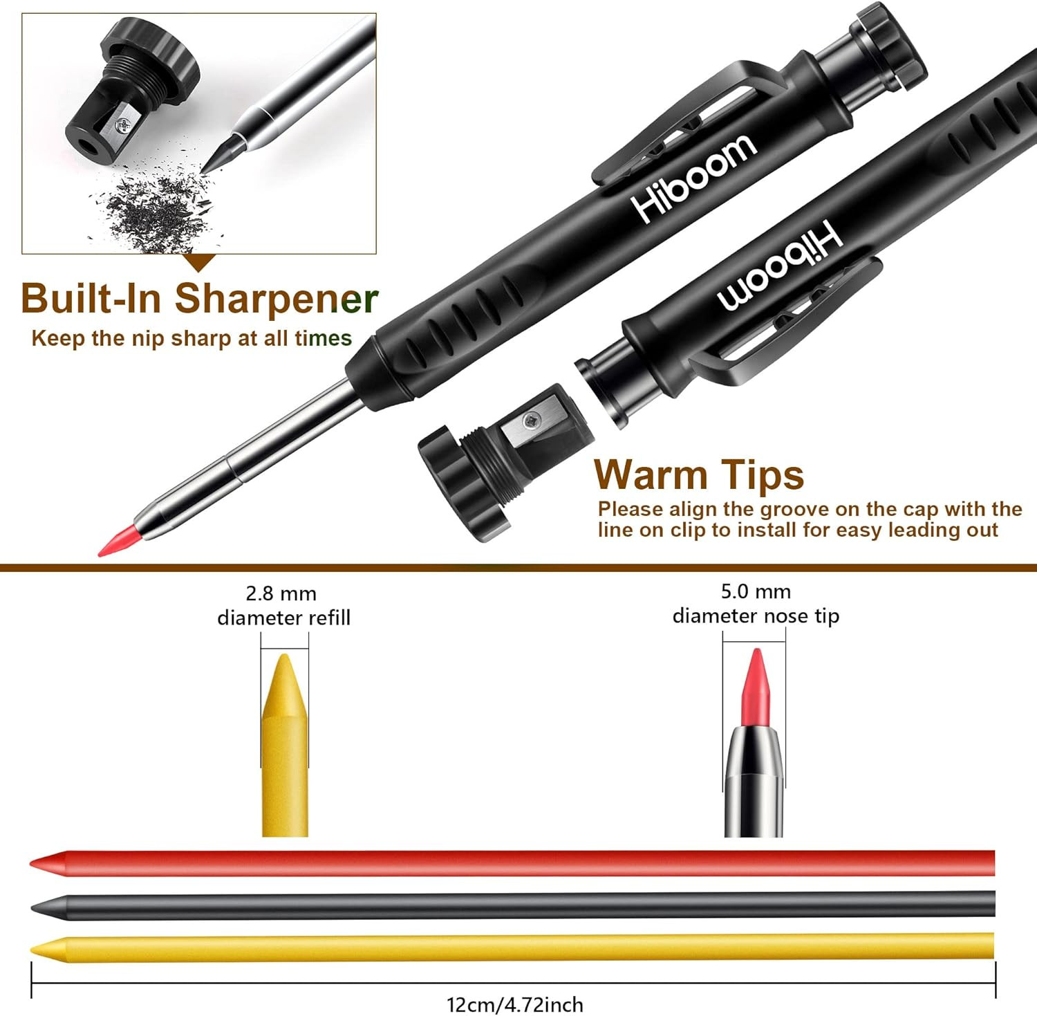 2 Pack Solid Carpenter Pencils with Pencil Cap and 18 Refills, Long Nose Deep Ho