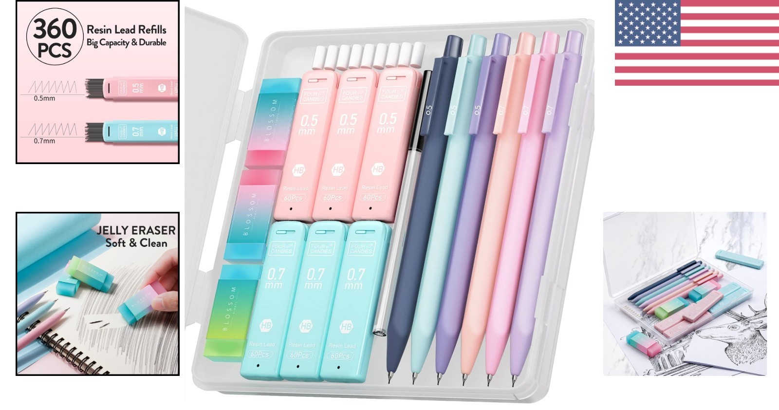 Aesthetic 6PCS Mechanical Pencil Set: 0.5 & 0.7mm with Colorful Storage Case
