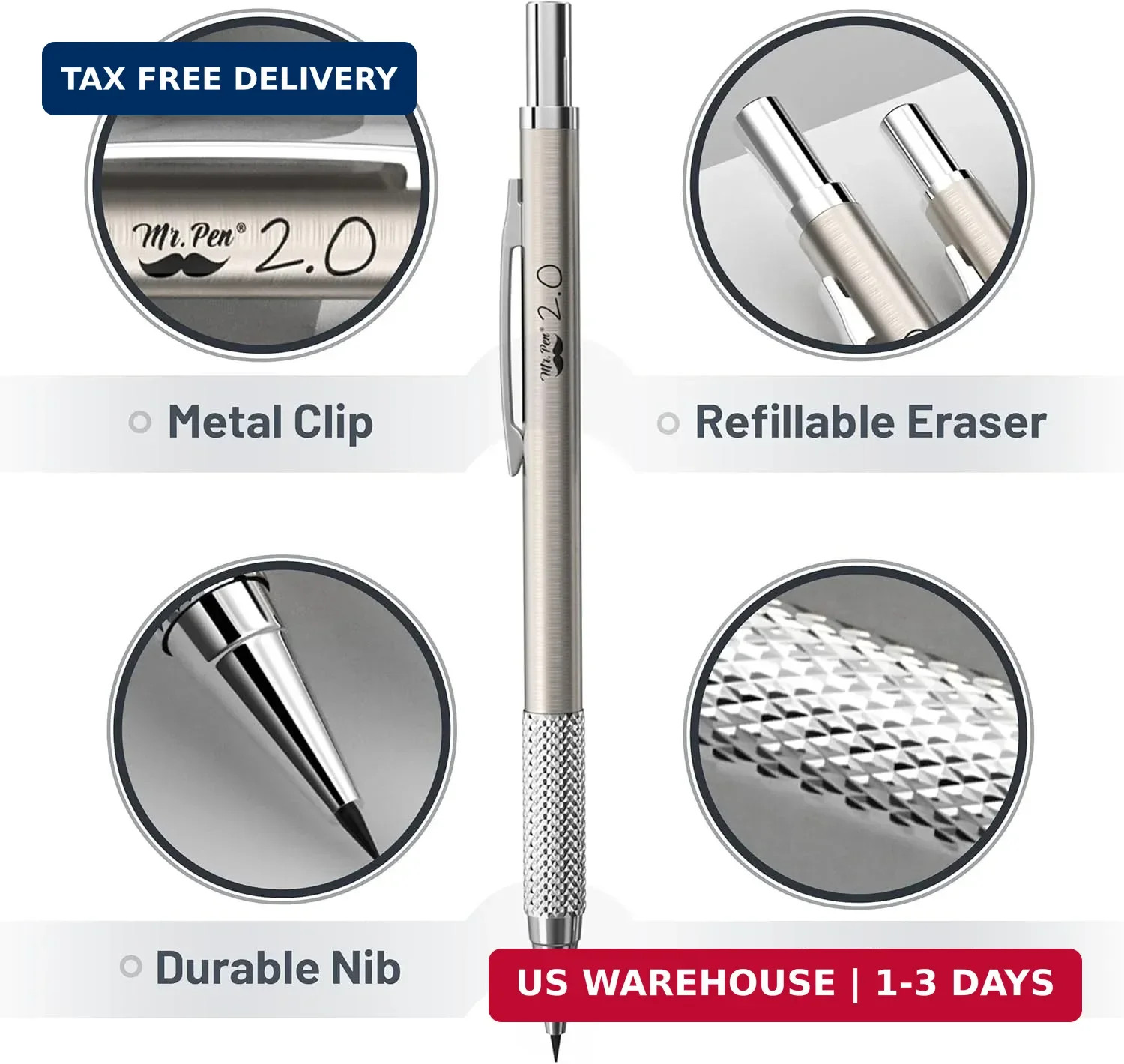 Mr. Pen- Metal Mechanical Pencil Set with Lead and Eraser Refills, 5 Sizes | 0.3