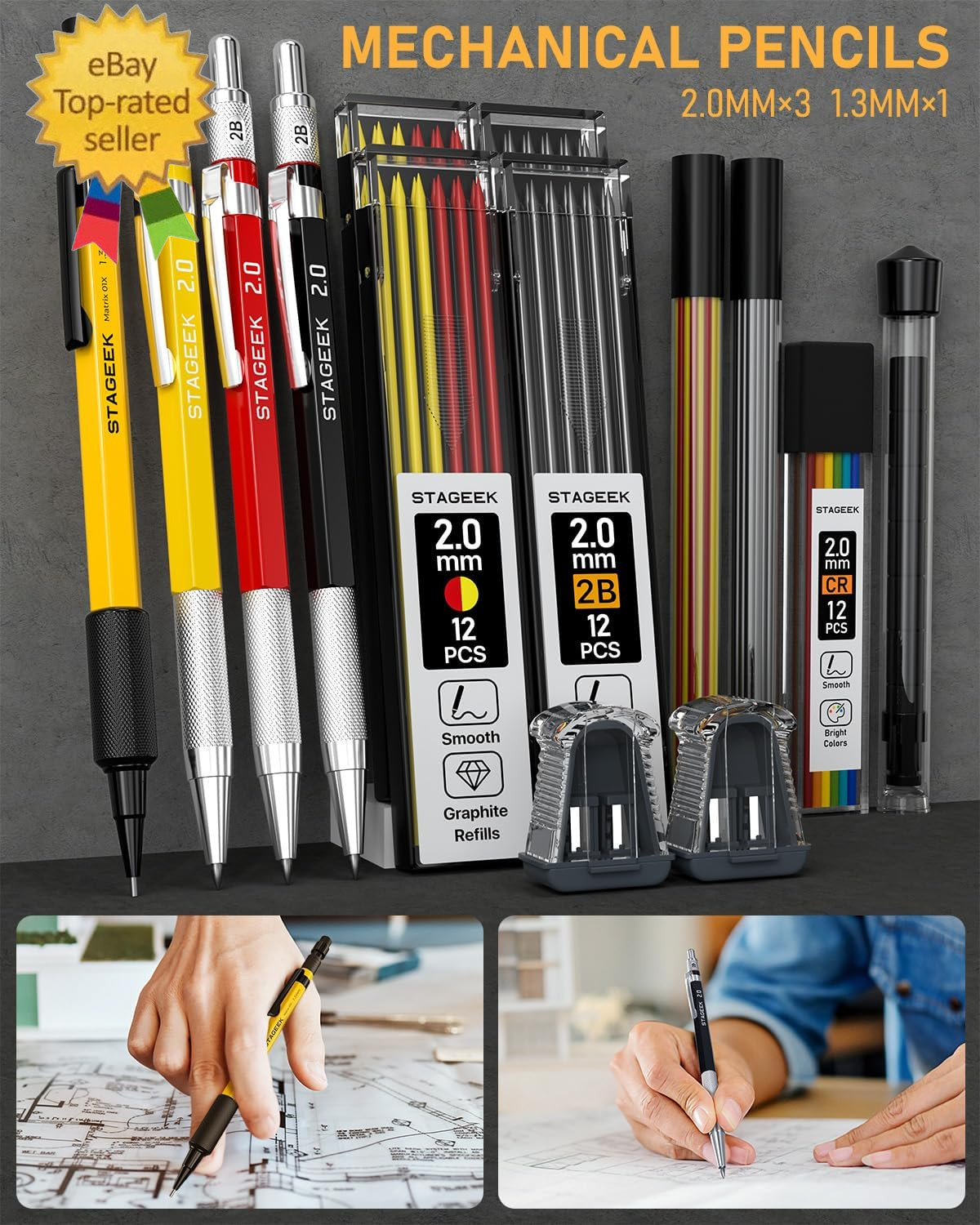 34PCS Carpenter Pencils with Sharpener, Mechanical Pencil Set with Deep Hole Lon