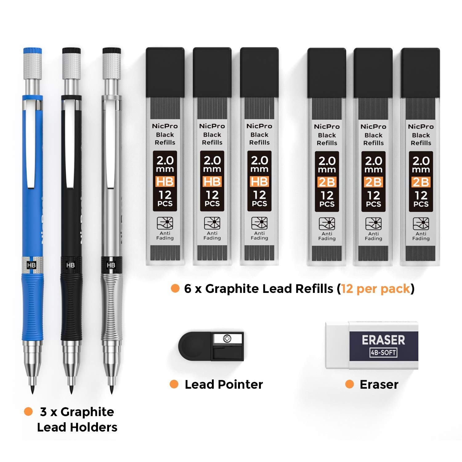 Nicpro 11 Pieces 2mm Mechanical Pencil Set, 3 PCS 11 Piece Black