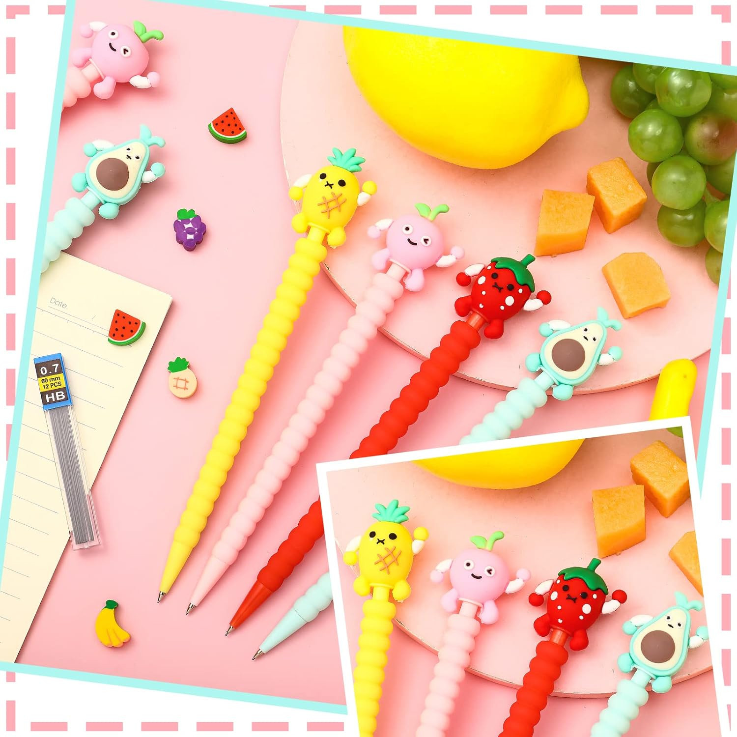 24 Pieces Cute Mechanical Pencil with Fruit Erasers and Refills Pastel Colorful