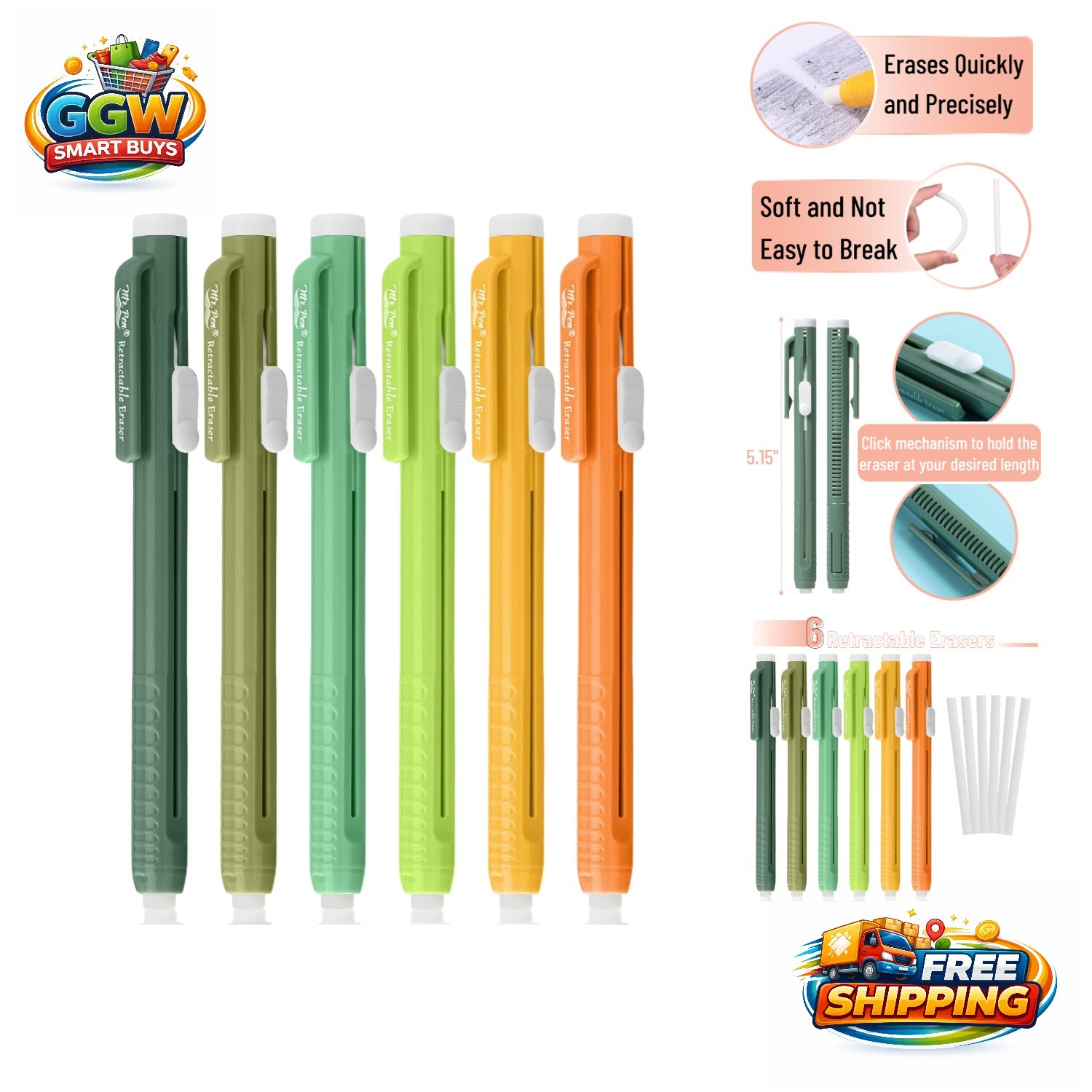 Retractable Mechanical Eraser Pens 6-Pack – Citrus Colors for Artists & Students