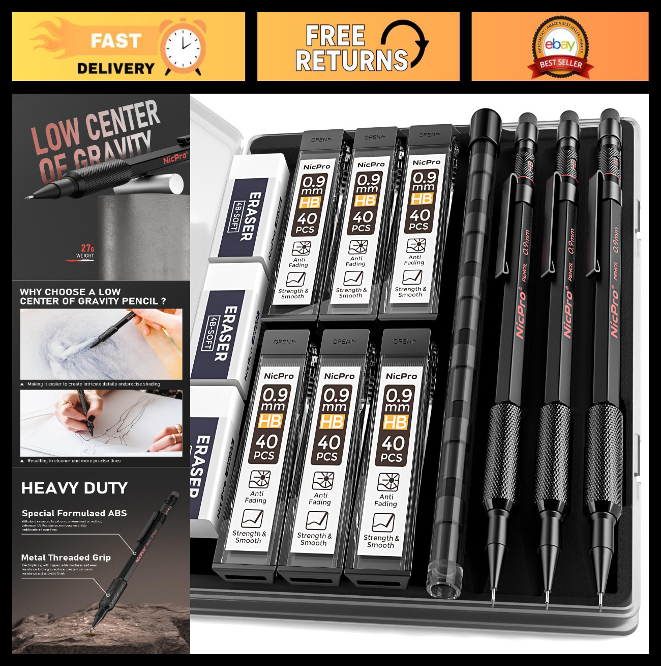 0.9mm Mechanical Pencil Set – 3PCS Heavy Duty with Case, HB Lead Refills & Erase