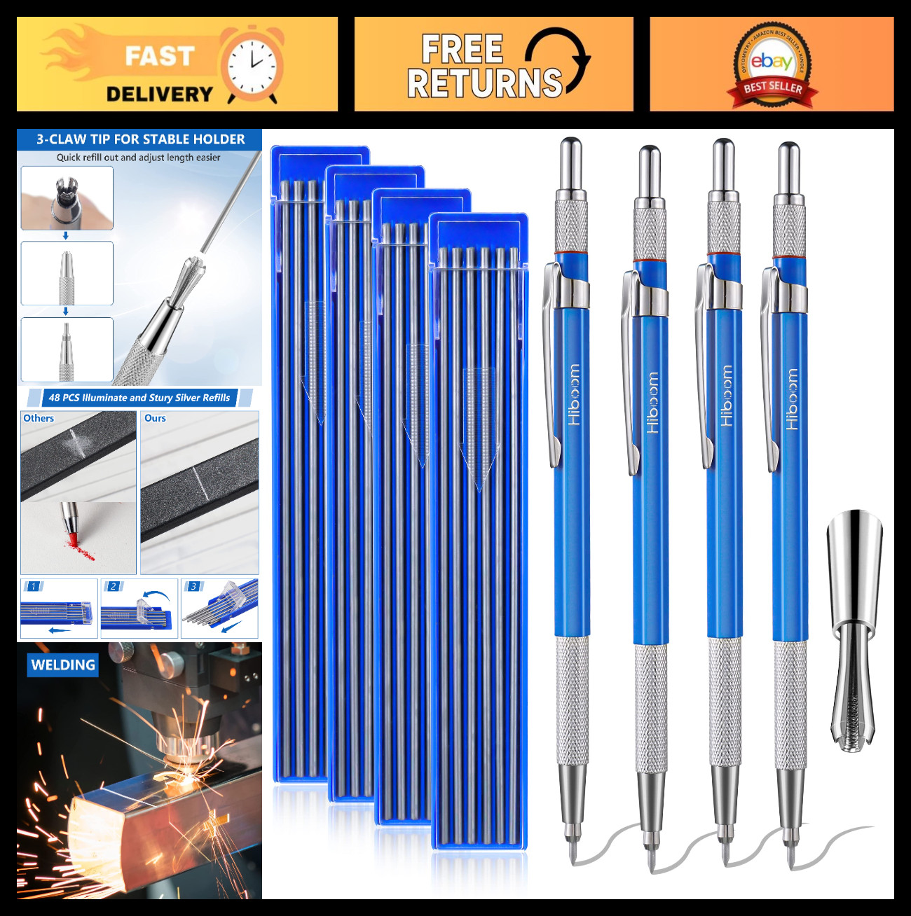 4 Pcs Welders Pencil Set with 48 Silver Refills, Metal Marker & Sharpener for We