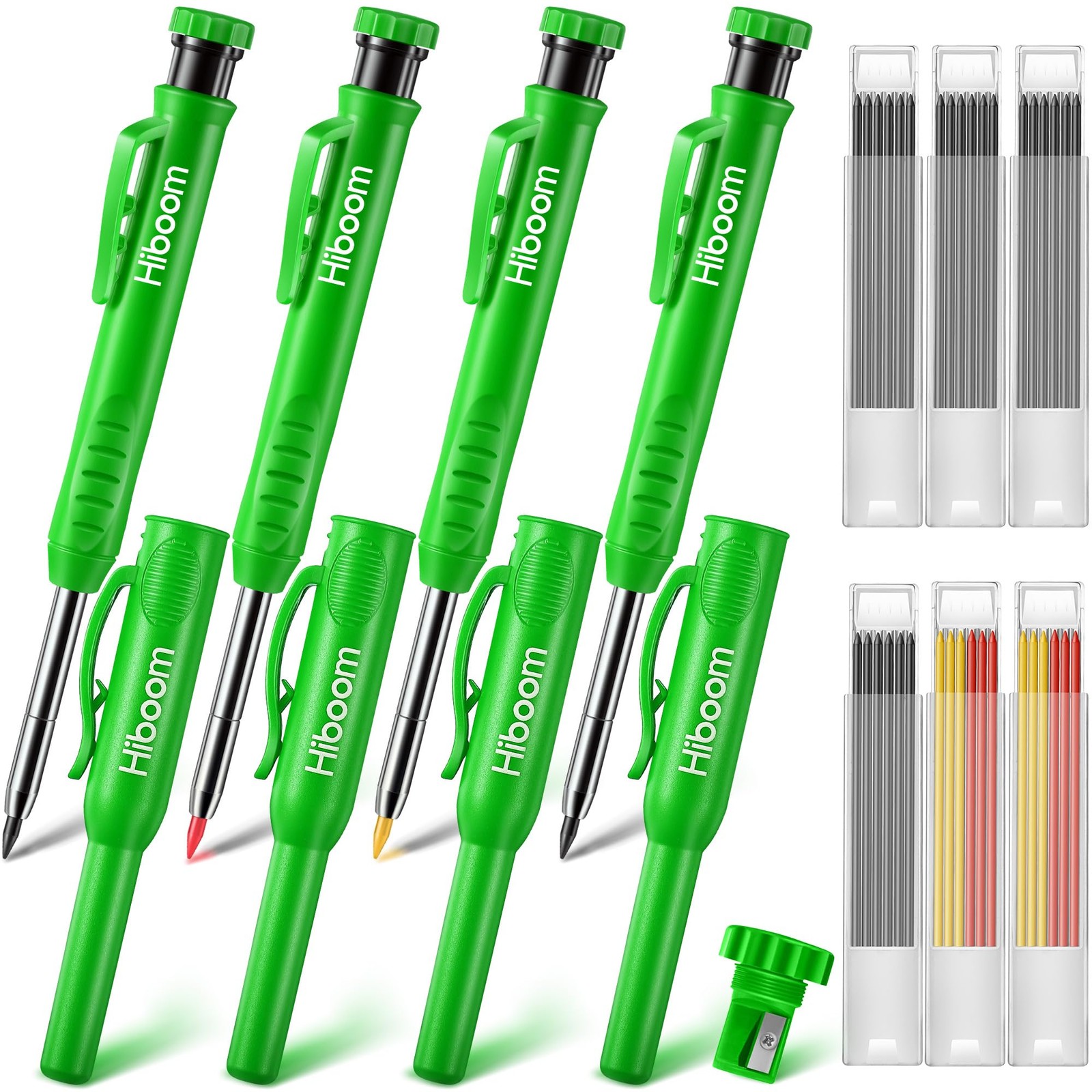Hiboom 4 Pack Carpenter Pencils with 36 Refills (Red, Black, Yellow), Green