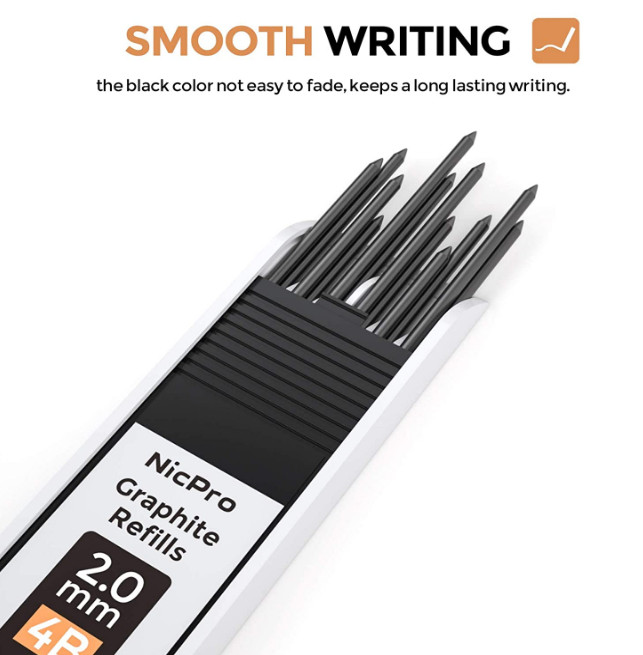 Nicpro 2.0 mm Mechanical Pencil Set Metal Lead Holder 5 Tube Graphite Refill HB