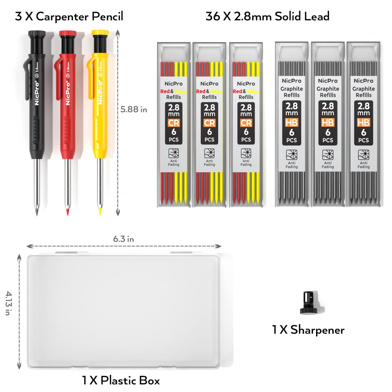 Nicpro 3 Pack Carpenter Pencil with Sharpener, 3 Pack, Black,Red,Yellow