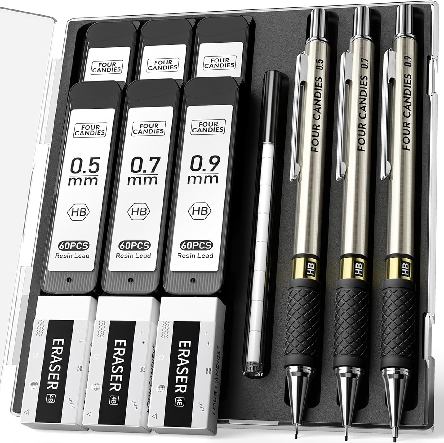 3PCS Metal Mechanical Pencil Set – 0.5 & 0.7 & 0.9Mm with 360 Leads, 12 Erase…