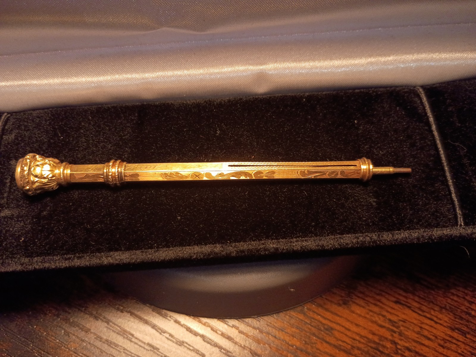 Gold Tone Retractable Mechanical Pencil with Red/Pink Gemstone Finial