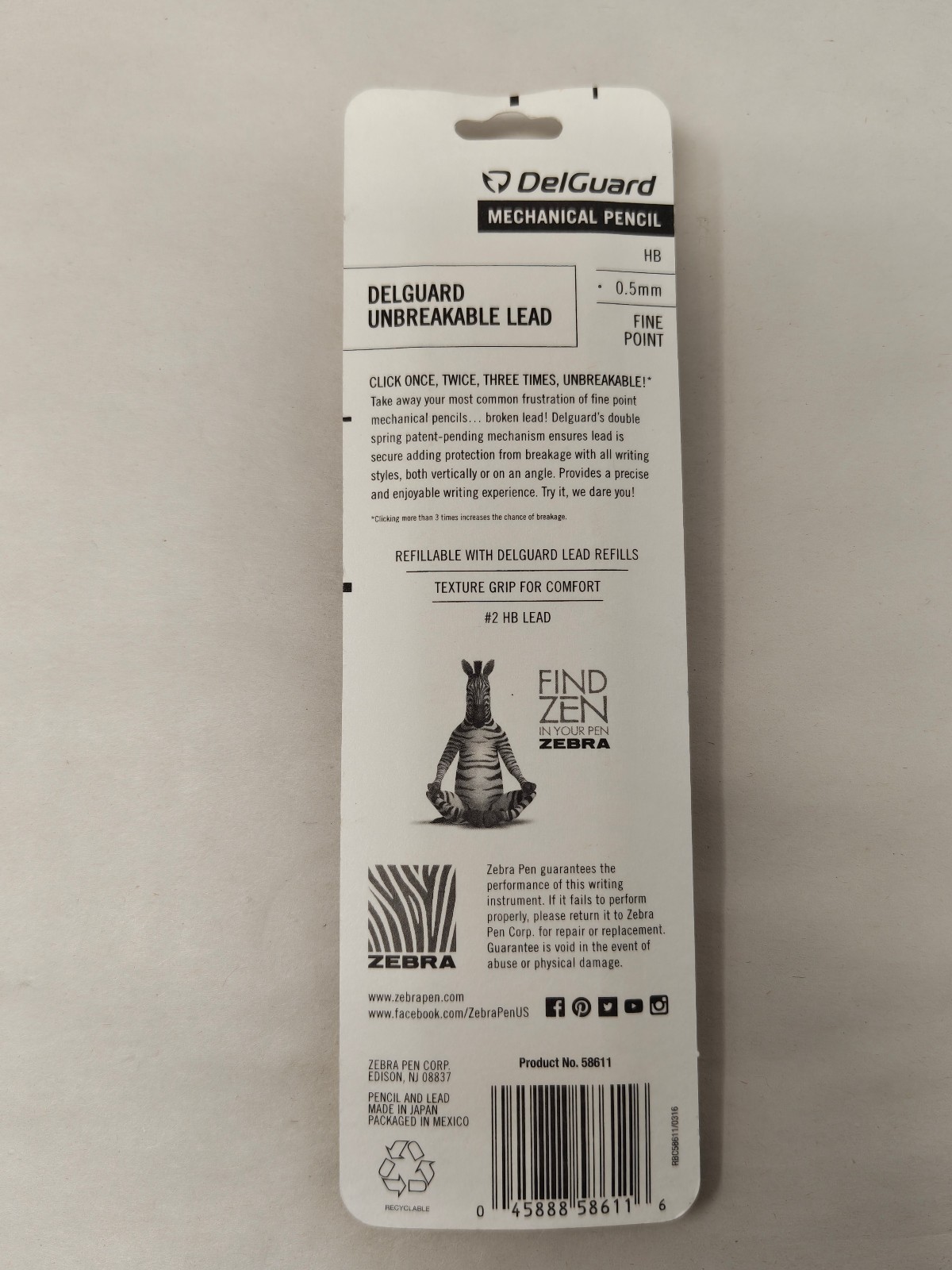 Zebra DelGuard Mechanical Pencil Unbreakable .5 mm HB Fine Point Black