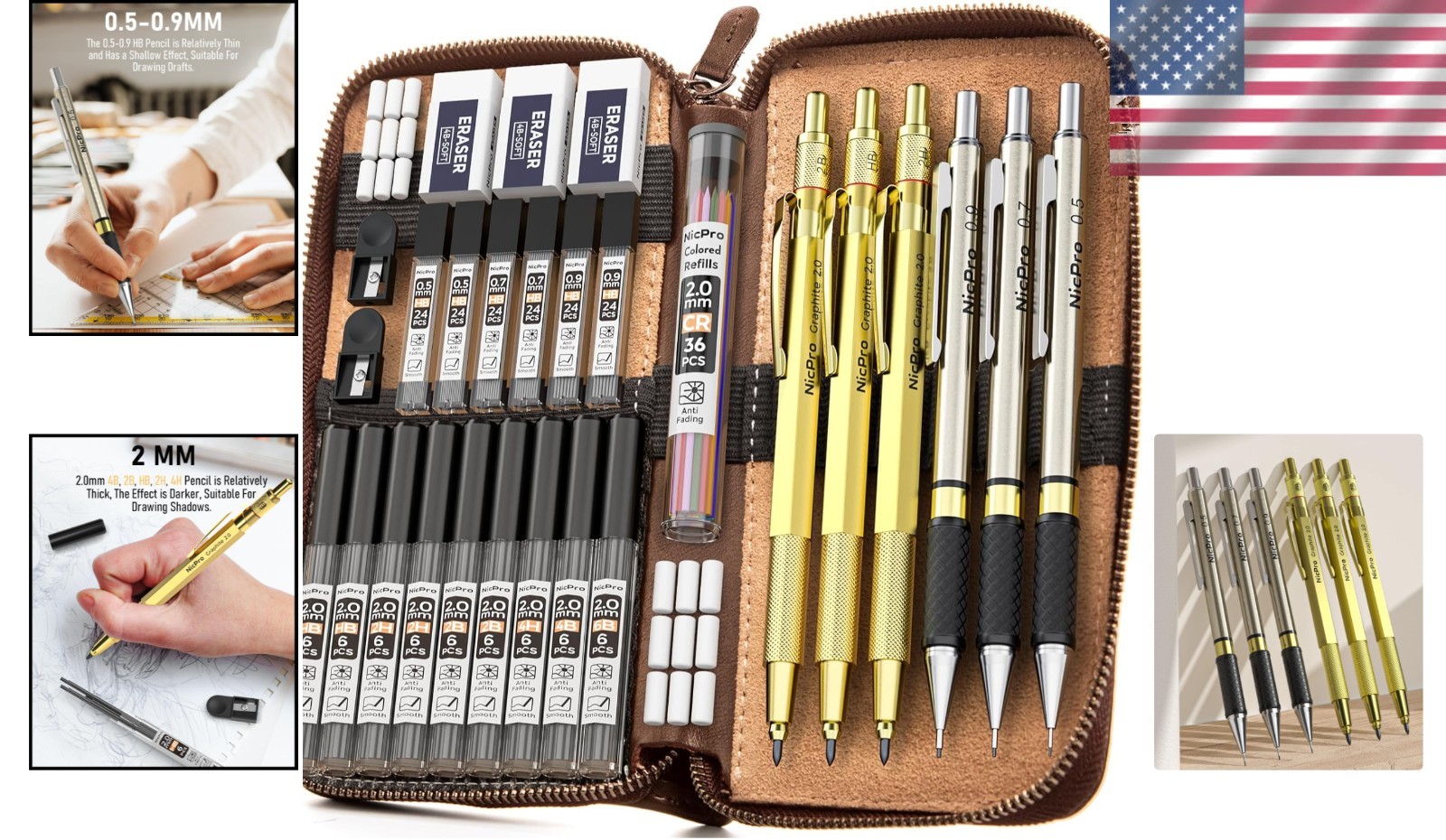 Nicpro 30PCS Art Mechanical Pencil Set in Leather Case, Metal Drafting Pencil
